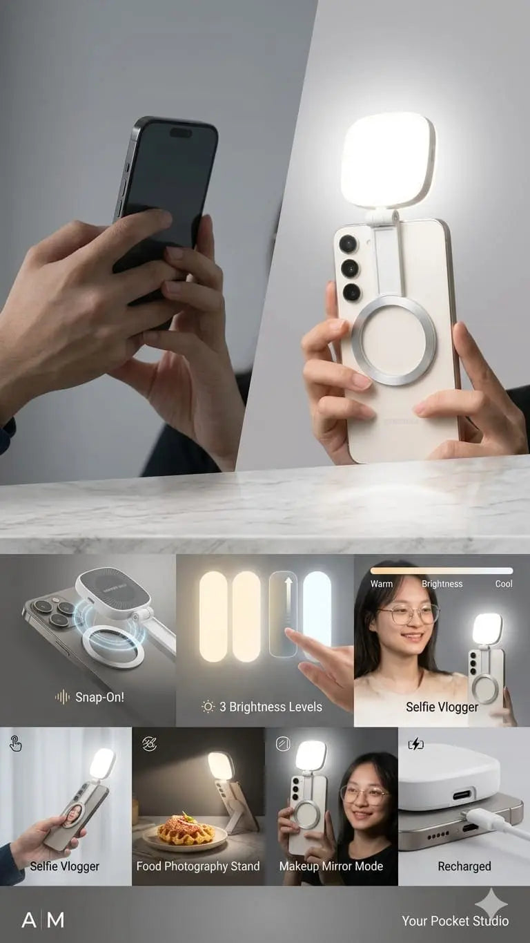 3-in-1 Magnetic Selfie Fill Light Mirror with Phone Stand" A M